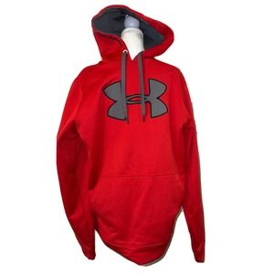 Red Mens Large Under Armour Hooded Pocket Sweatshirt Logo Fleece Lined THICK